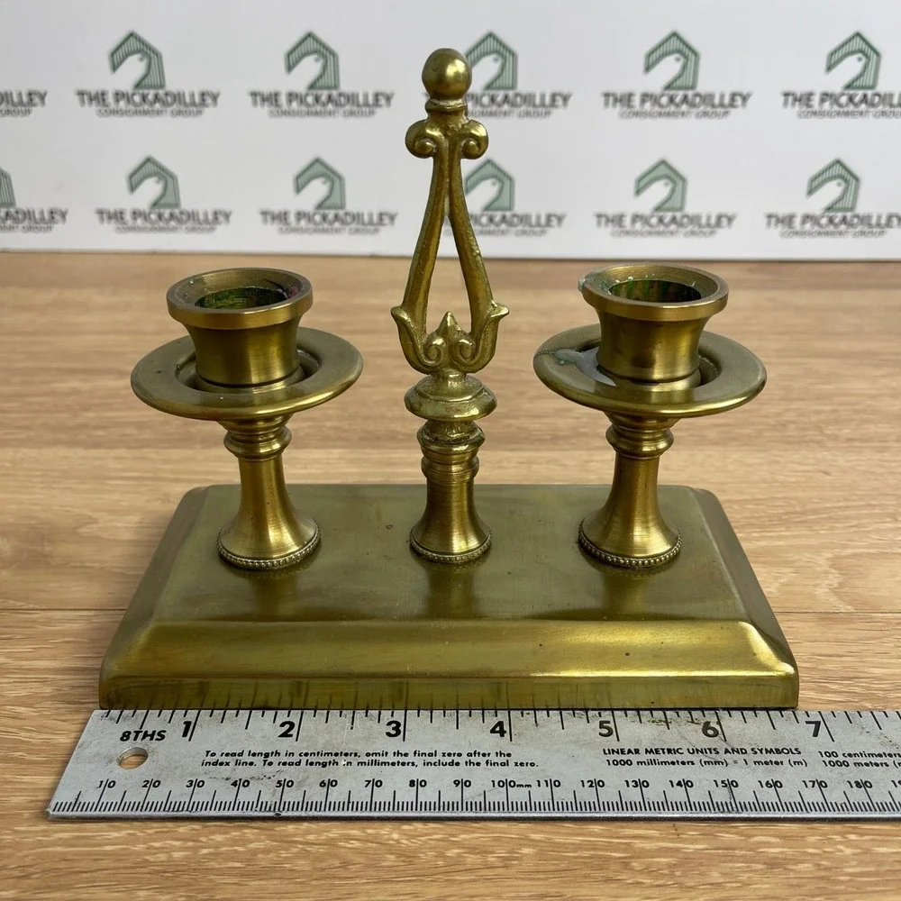 Vintage Solid Brass Double Taper Candle Holder Ornate Handle Rectangular Base